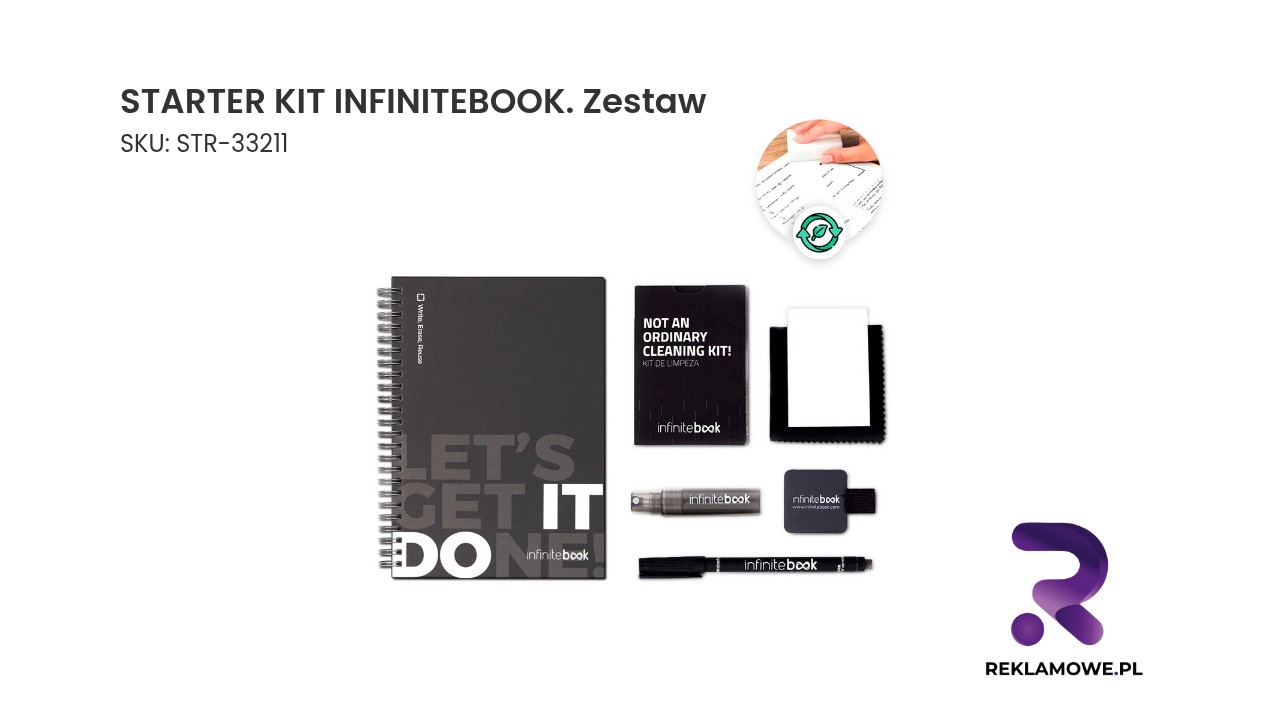 STARTER KIT INFINITEBOOK. Zestaw „Infinitebook” w twardej oprawie, 1 zestaw do czyszczenia, 1 marker i 1 uchwyt na długopis STARTER KIT INFINITEBOOK Zestaw - zdjęcie produktu
